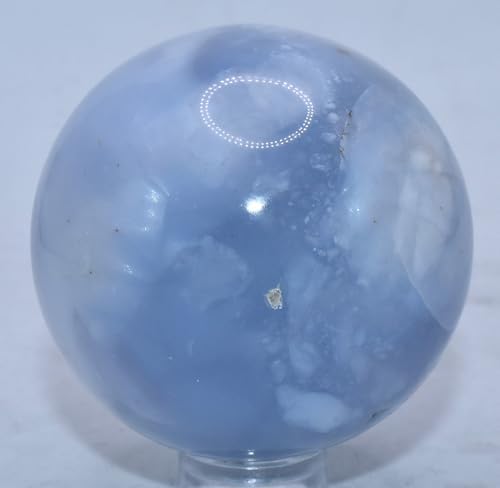 Pair 45mm Blue Chalcedony Carved Spheres with Stand
