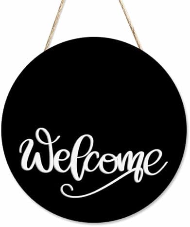 Welcome Sign Front Door Porch Black 12in Round Wreath Wall Decor Farmhouse
