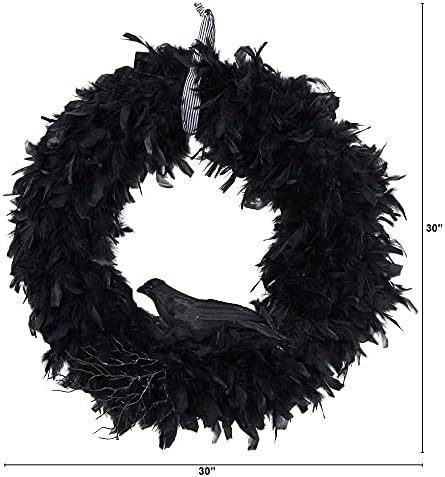Nearly Natural 30in Halloween Raven Feather Wreath