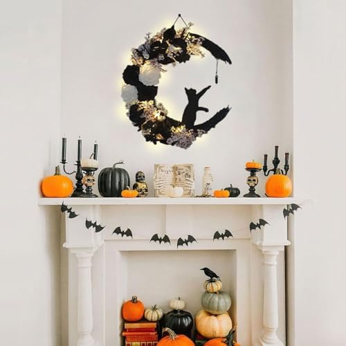 Moon Black Cat Halloween Wreath with Lights