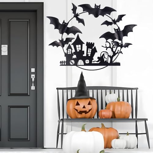 Halloween Metal Wreath - 20 Inch Black Iron Decor with Bats Castle Witch and Tree
