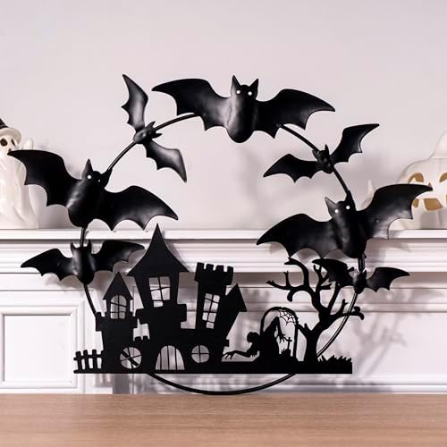 Halloween Metal Wreath - 20 Inch Black Iron Decor with Bats Castle Witch and Tree