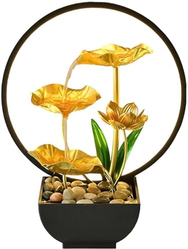 Gold Lotus Waterfall Fountain with LED Light USB Powered Tabletop Zen Fountain