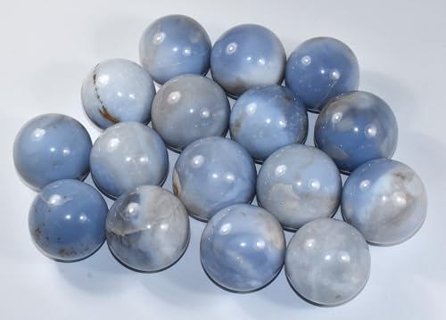 Pair 45mm Blue Chalcedony Carved Spheres with Stand