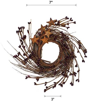 Rustic Wreath with Barn Stars and Berries 7-Inch Burgundy
