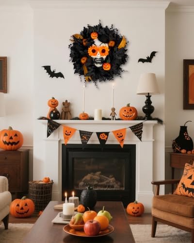 Halloween Wreath for Front Door with Skull and Pumpkin