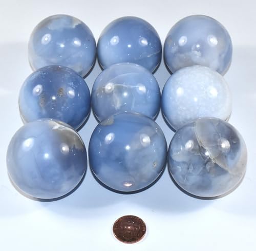 Pair 45mm Blue Chalcedony Carved Spheres with Stand