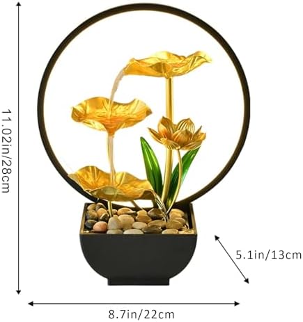 Gold Lotus Waterfall Fountain with LED Light USB Powered Tabletop Zen Fountain
