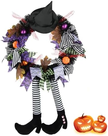 Halloween Witch Wreath Front Door Decor Black Wreath with Hat and Legs