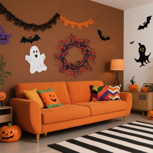 Halloween Black Branch Wreath with Light 165 Inch Artificial Hanging Decor