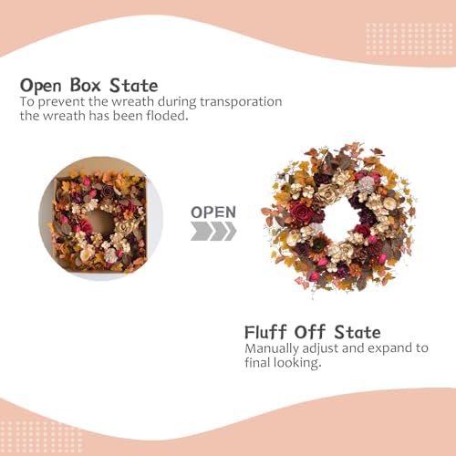 TEMPUS 24 Inch Artificial Fall Wreath - Red Gold Rose Floral Decor for Front Door Thanksgiving Harvest Wall Hanging