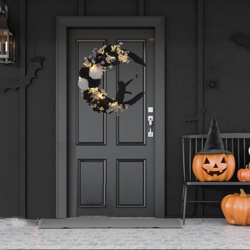 Moon Black Cat Halloween Wreath with Lights