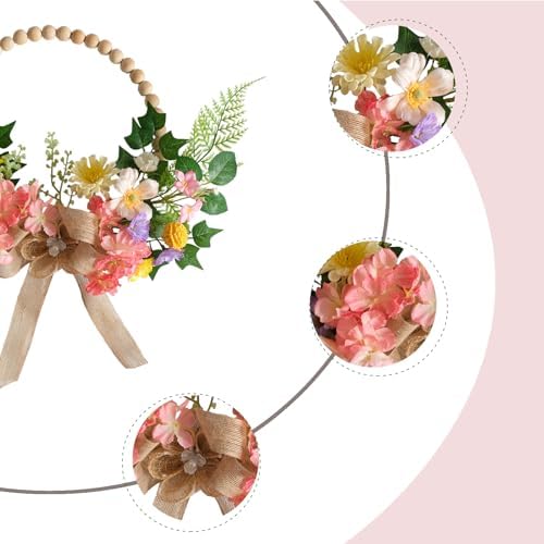 TEMPUS 16 Inch Artificial Spring Wooden Bead Wreath with Flower Bow Summer Hydrangea Wreath Home Decorations