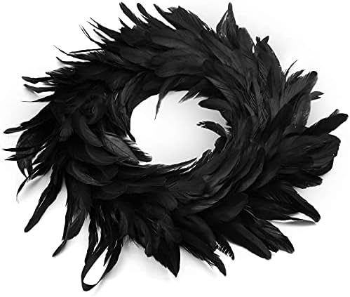 JOYIN 135 Inch Black Natural Feather Wreath for Halloween Decorations