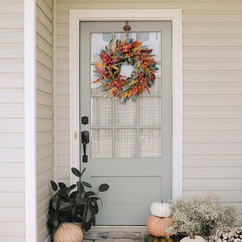 TEMPUS 22 Inch Fall Wreath Artificial Berry Willow Leaf Door Decoration