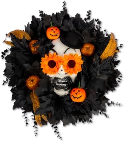 Halloween Wreath for Front Door with Skull and Pumpkin