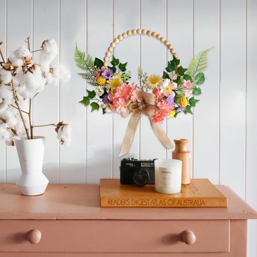 TEMPUS 16 Inch Artificial Spring Wooden Bead Wreath with Flower Bow Summer Hydrangea Wreath Home Decorations