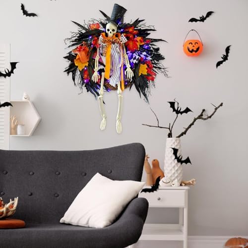 28 Inch Halloween Skeleton Wreath with Lights