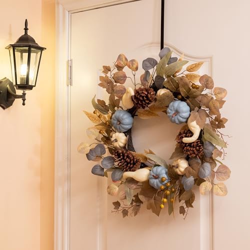 DECOR BY HANNAH 22 Inch Fall Wreath with Blue Pumpkin and Pinecone
