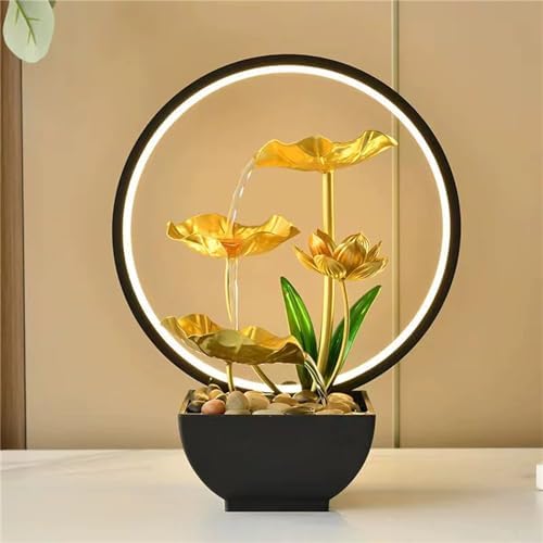 Gold Lotus Waterfall Fountain with LED Light USB Powered Tabletop Zen Fountain