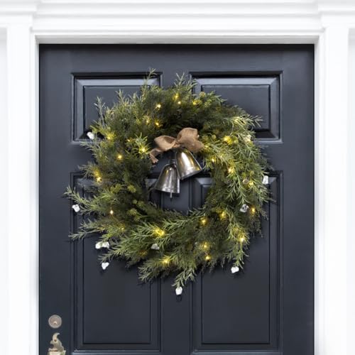 22 Inch Decorative Artificial Pine Wreath with Gold Bells and LED Lights