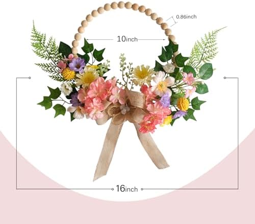 TEMPUS 16 Inch Artificial Spring Wooden Bead Wreath with Flower Bow Summer Hydrangea Wreath Home Decorations
