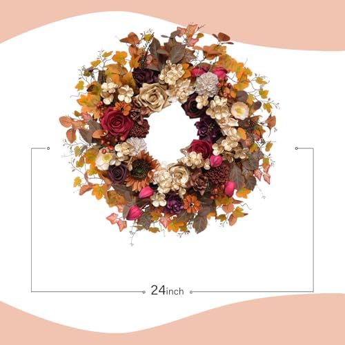 TEMPUS 24 Inch Artificial Fall Wreath - Red Gold Rose Floral Decor for Front Door Thanksgiving Harvest Wall Hanging