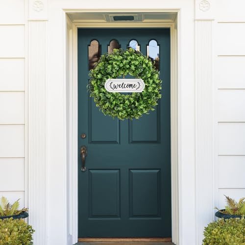 20 Inch Boxwood Wreath with Hello Sign for Front Door