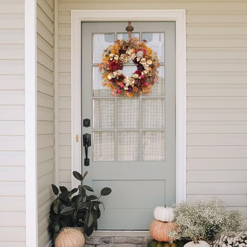 TEMPUS 24 Inch Artificial Fall Wreath - Red Gold Rose Floral Decor for Front Door Thanksgiving Harvest Wall Hanging