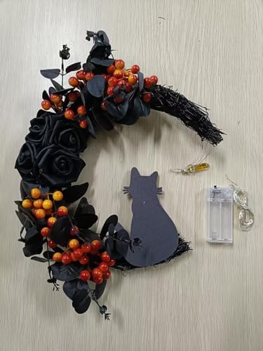 Ceenna Halloween Moon Cat Wreath with Black Roses