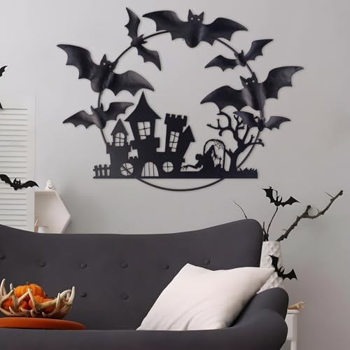 Halloween Metal Wreath - 20 Inch Black Iron Decor with Bats Castle Witch and Tree