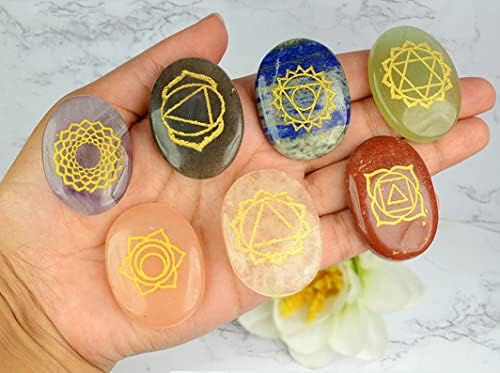 7 Chakra Healing Crystals Oval Stones Set - Reiki Crystal Engraved Symbols