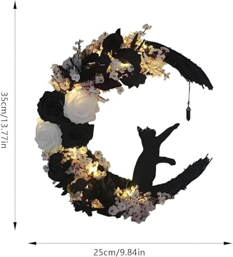 Moon Black Cat Halloween Wreath with Lights