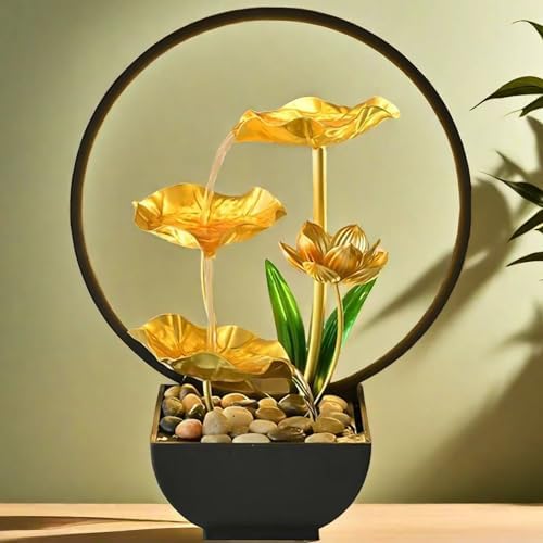 Gold Lotus Waterfall Fountain with LED Light USB Powered Tabletop Zen Fountain