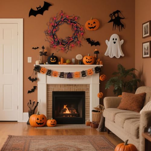 Halloween Black Branch Wreath with Light 165 Inch Artificial Hanging Decor