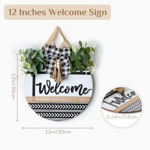 Welcome Sign for Front Door Decor - Walasis 12inch Wooden Farmhouse Wreath with Bow Beads