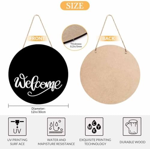 Welcome Sign Front Door Porch Black 12in Round Wreath Wall Decor Farmhouse