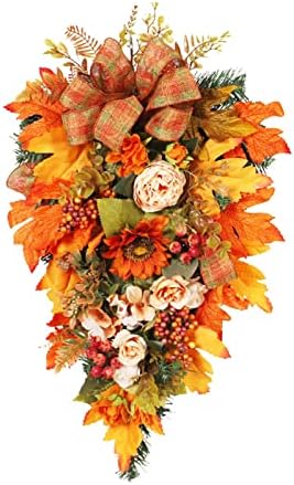 Fall Teardrop Wreath for Front Door 216 Thanksgiving Decor with Pumpkins and Maple Leaves