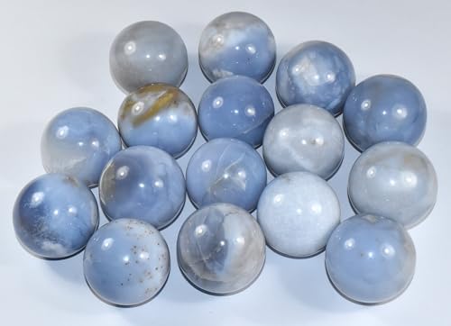 Pair 45mm Blue Chalcedony Carved Spheres with Stand