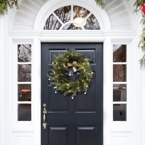 22 Inch Decorative Artificial Pine Wreath with Gold Bells and LED Lights