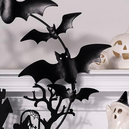 Halloween Metal Wreath - 20 Inch Black Iron Decor with Bats Castle Witch and Tree