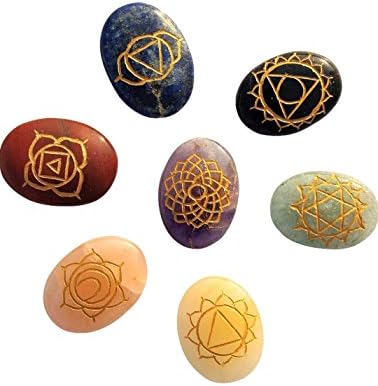 7 Chakra Healing Crystals Oval Stones Set - Reiki Crystal Engraved Symbols