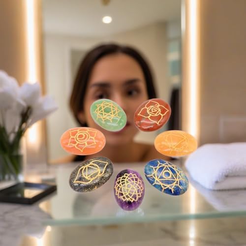 7 Chakra Healing Crystals Oval Stones Set - Reiki Crystal Engraved Symbols