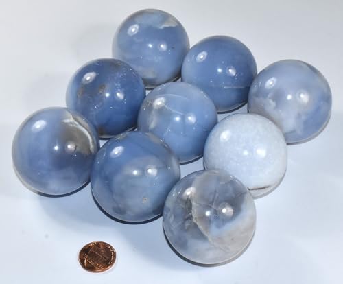 Pair 45mm Blue Chalcedony Carved Spheres with Stand