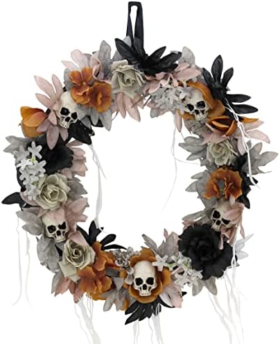 Haunted Hill Farm Gothic Skull Wreath with Multicolor Flowers