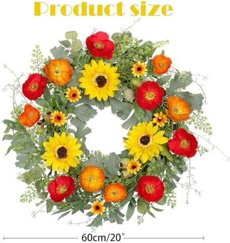 Hollyone 20 Inch Artificial Spring Wreath with Sunflowers and Eucalyptus Leaves