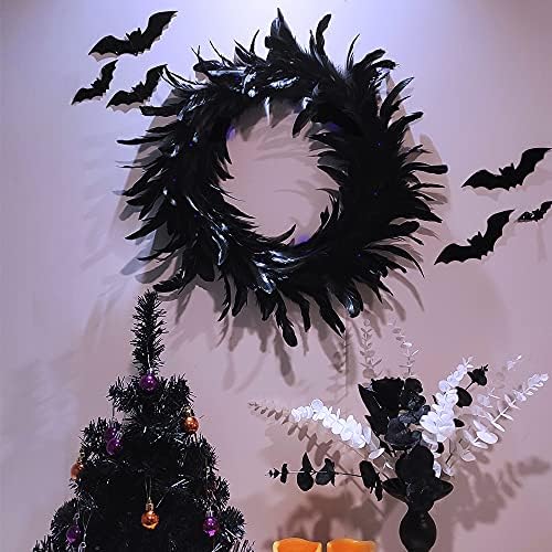 Ogrmar 157 Inch Black Feather Wreath with 30 LED Purple Lights for Halloween Decorations and Party Favors