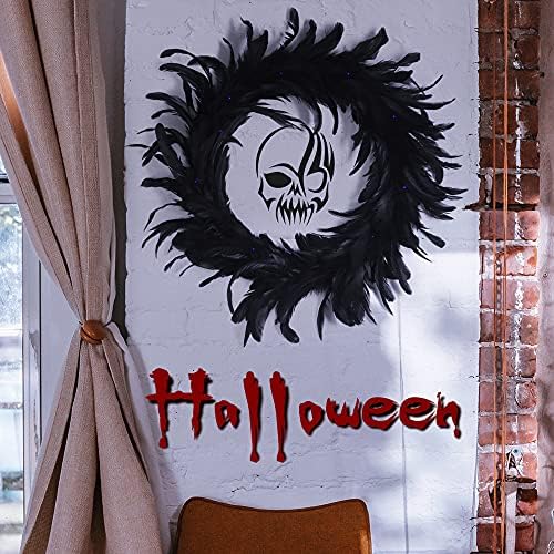 Ogrmar 157 Inch Black Feather Wreath with 30 LED Purple Lights for Halloween Decorations and Party Favors