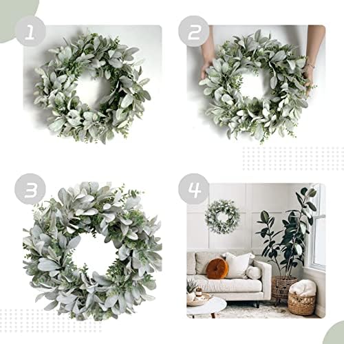 TEMPUS 18 Inch Boxwood and Lambs Leaves Wreath for Front Door