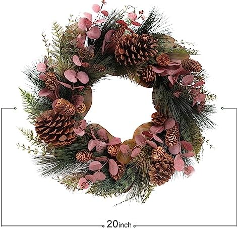TEMPUS 20 Inch Christmas Wreath with Magnolia and Red Eucalyptus Leaves